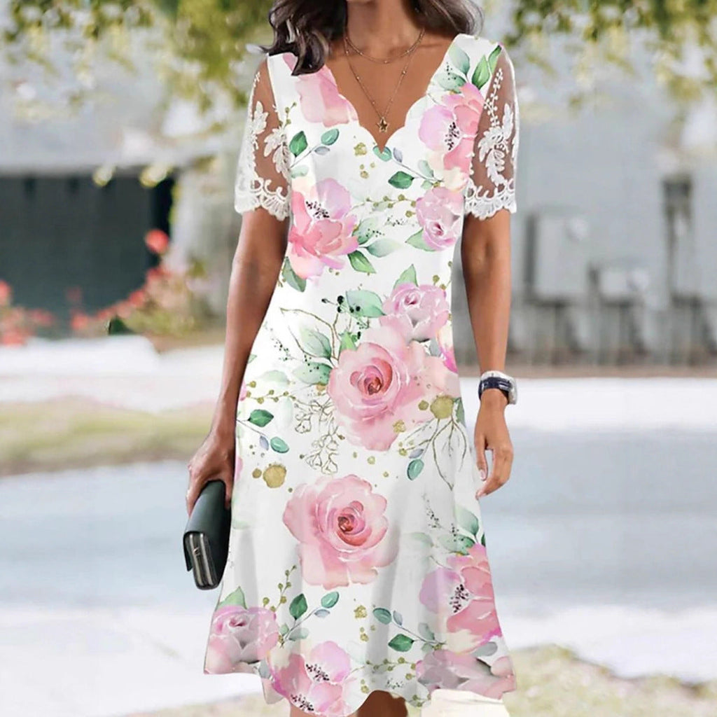 Women's Floral Lace Flounce Neckline High-Waist A-Line Midi Dress
