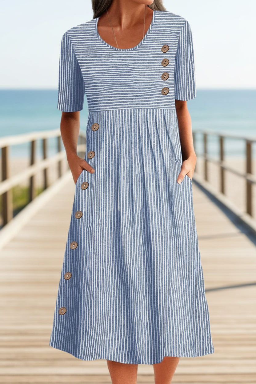 Button-Down Swing Maxi Dress – Short Sleeve Pocket Pullover Long Dress