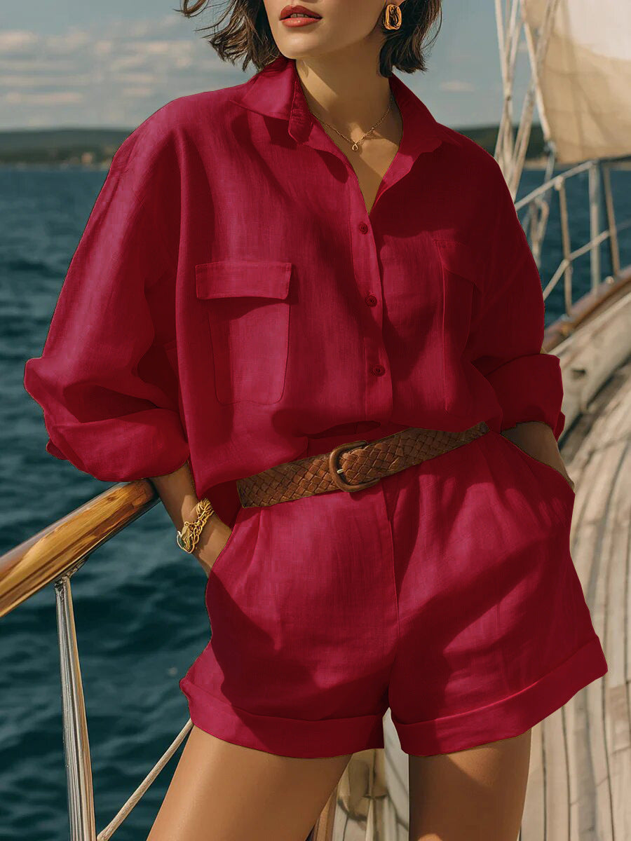 Cotton-Linen Loose-Fit Button-Down Shirt and Shorts Casual Set