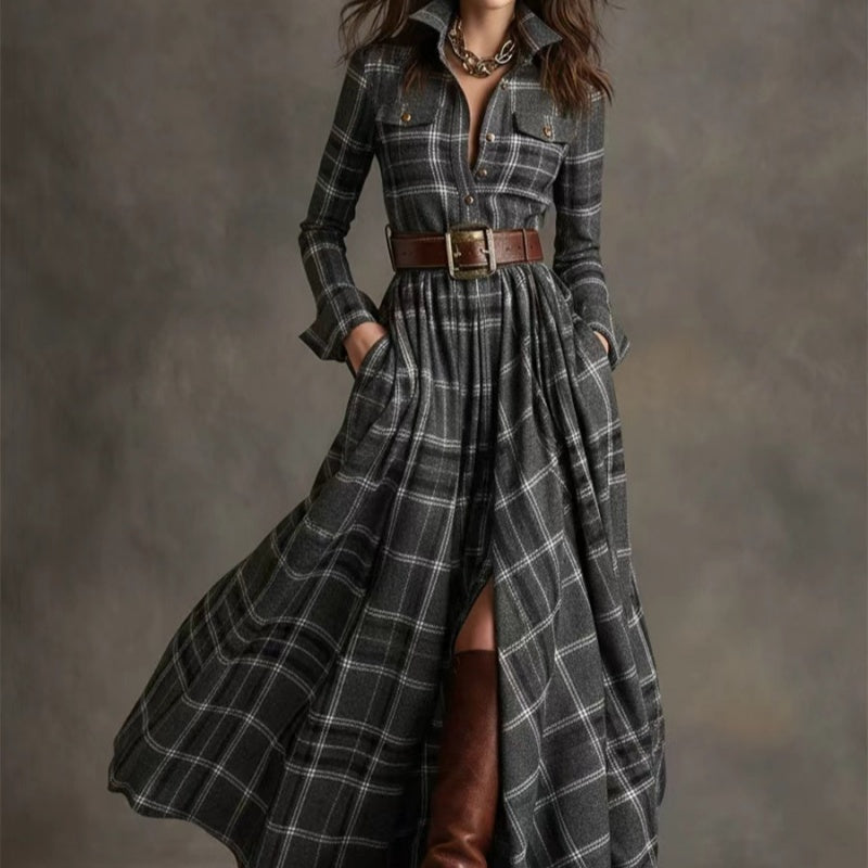Women's Plus Size Plaid Print Long Sleeve Shirt Dress with Pockets