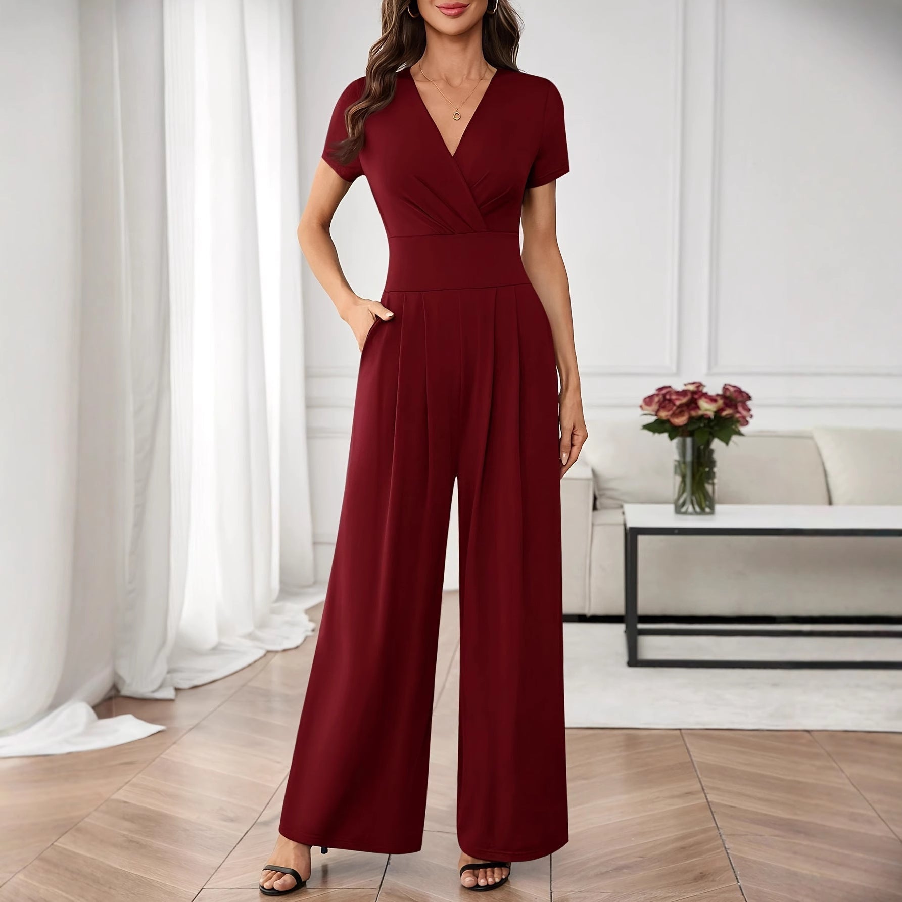 Three-Quarter Sleeve Pleated Wide-Leg Jumpsuit | 2 Colors S–XL