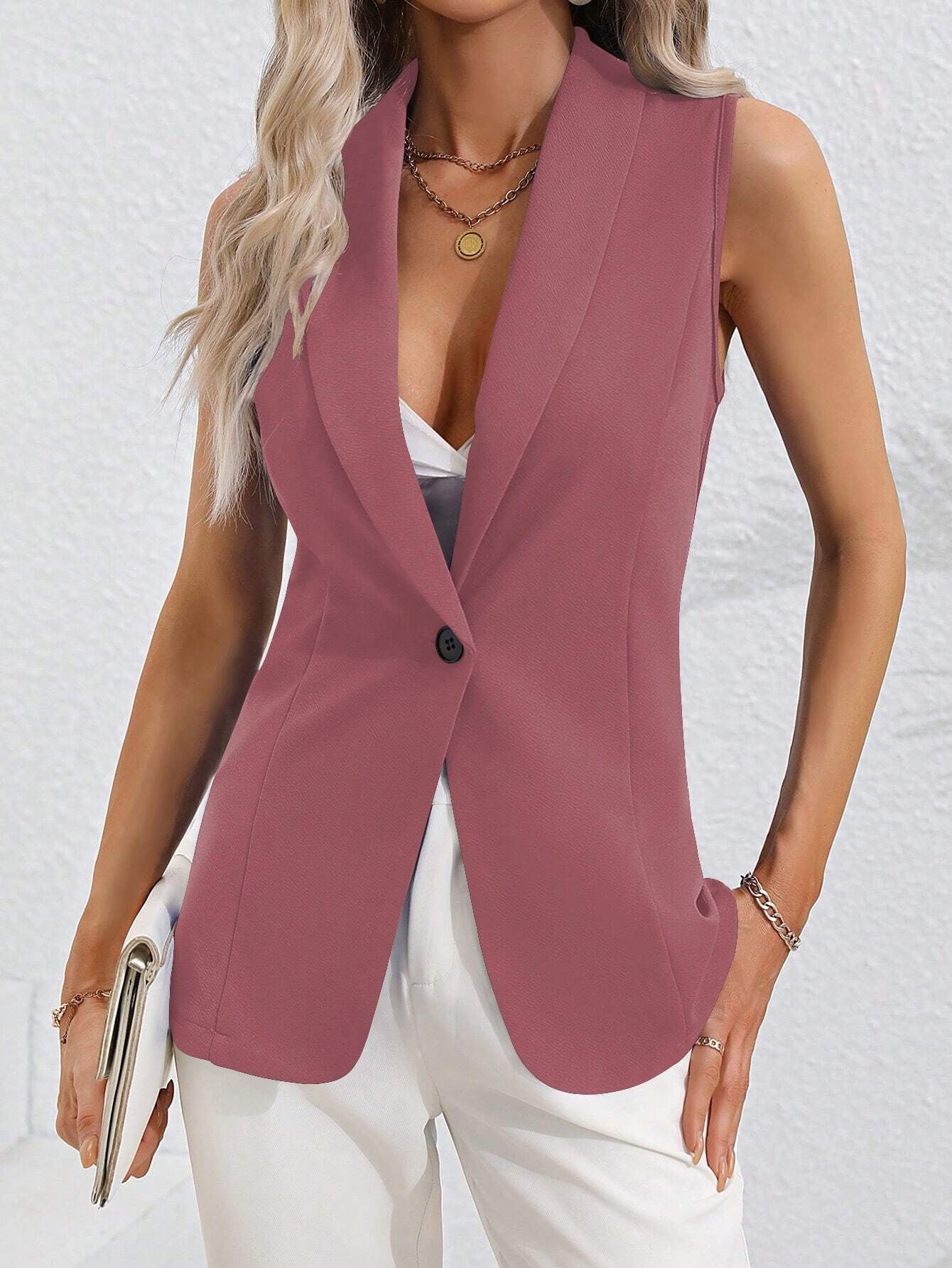 Women's Sleeveless Single-Button Cardigan Jacket – Round Neck