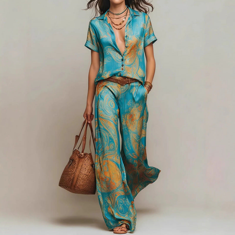 Women's Bohemian Printed Resort Two-Piece Set – 3/4 Sleeve Shirt & Pants