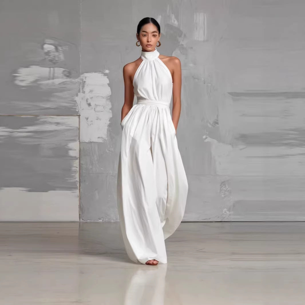 Women's Belted Pleated Jumpsuit – High-Waist Cinched Sleeveless