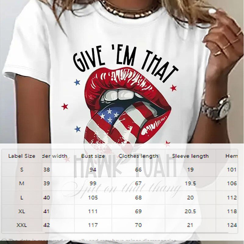 Women's Round Neck American Flag Lips & Stars Print Summer Top