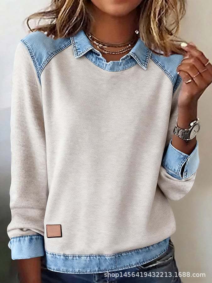 Denim Collar Patchwork Pullover Knitwear Top – Women’s Street Style