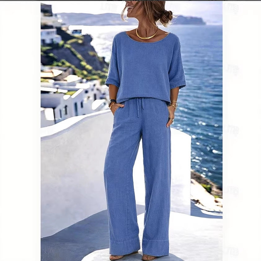 Women's Resort Set – Short Sleeve Top & Wide-Leg Pants