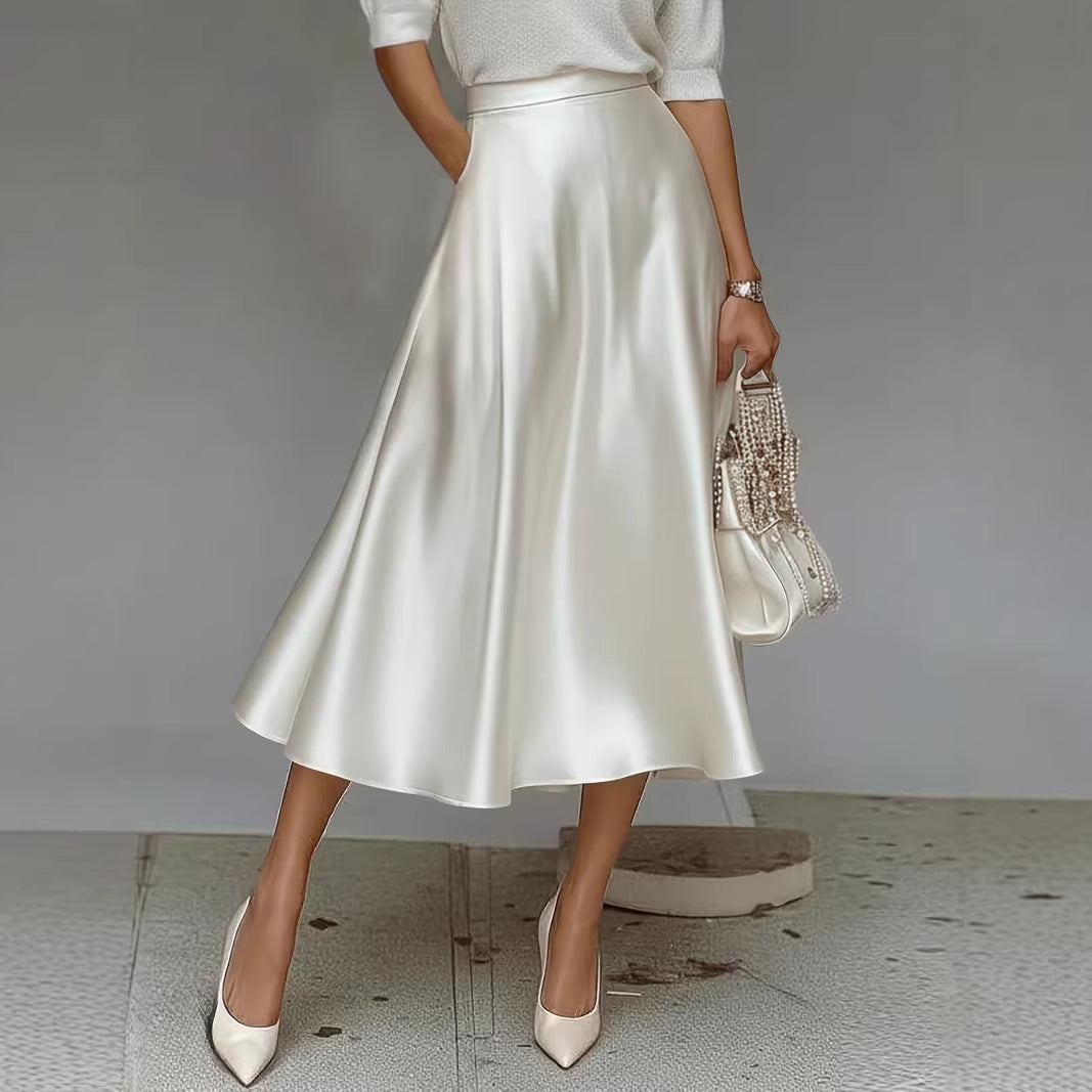 Women's Satin Solid Color Mid-Length Skirt – Slight Stretch