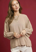 Umgee Linen Scallop Hem Long Sleeve Blouse | Fitiquefit