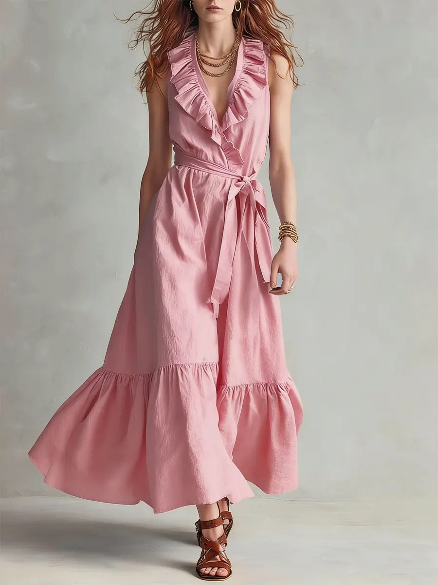 Women's V-Neck Sleeveless Lace-Up Panelled Maxi Dress – Wide Flare