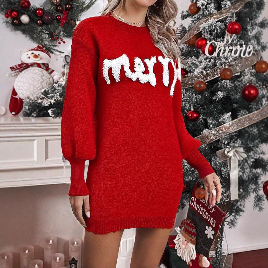 Women’s Knitted Round Neck Lantern-Sleeve Pullover Sheath