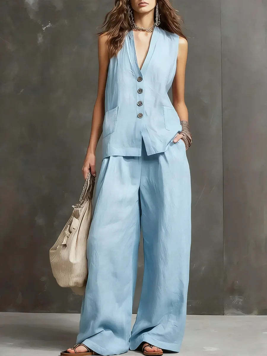 Women's Sleeveless Vest & Wide-Leg Pants Two-Piece Set – 10 Colors XS–3XL