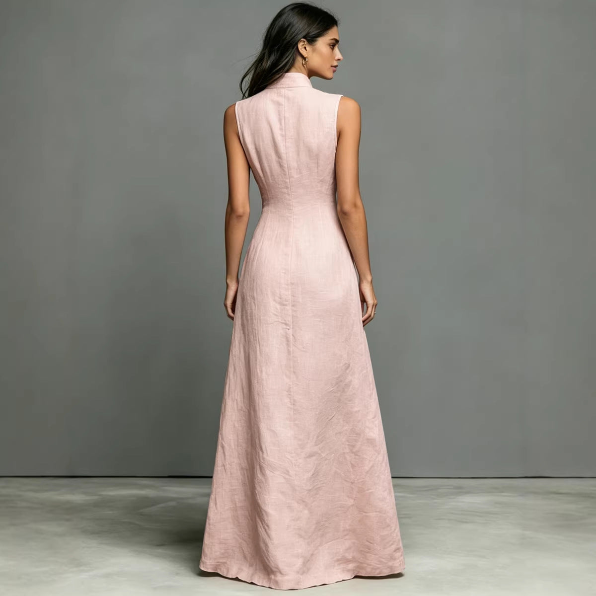 Women's Stand-Collar Single-Breasted Sleeveless Midi Dress