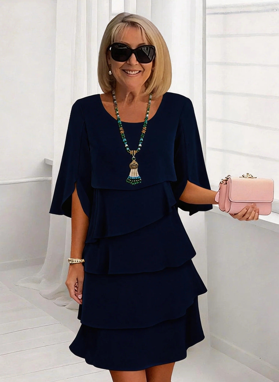 Patchwork Cake Midi Dress – Round Neck Short Sleeve Tiered Skirt