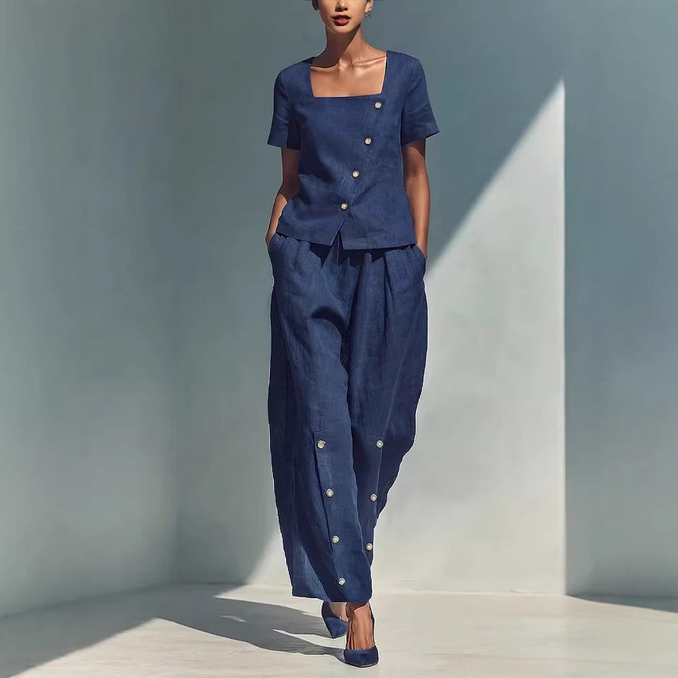Women's Loose Short-Sleeve Top & High-Waist Pants Set – Plus Size Friendly