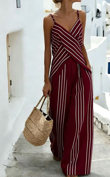 Women's Striped V-Neck Sleeveless Two-Piece Set