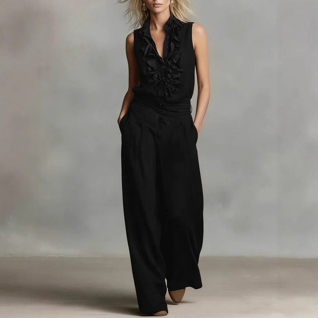 Women’s Linen Blend Two-Piece Set – Sleeveless Shirt & Wide-Leg Pants