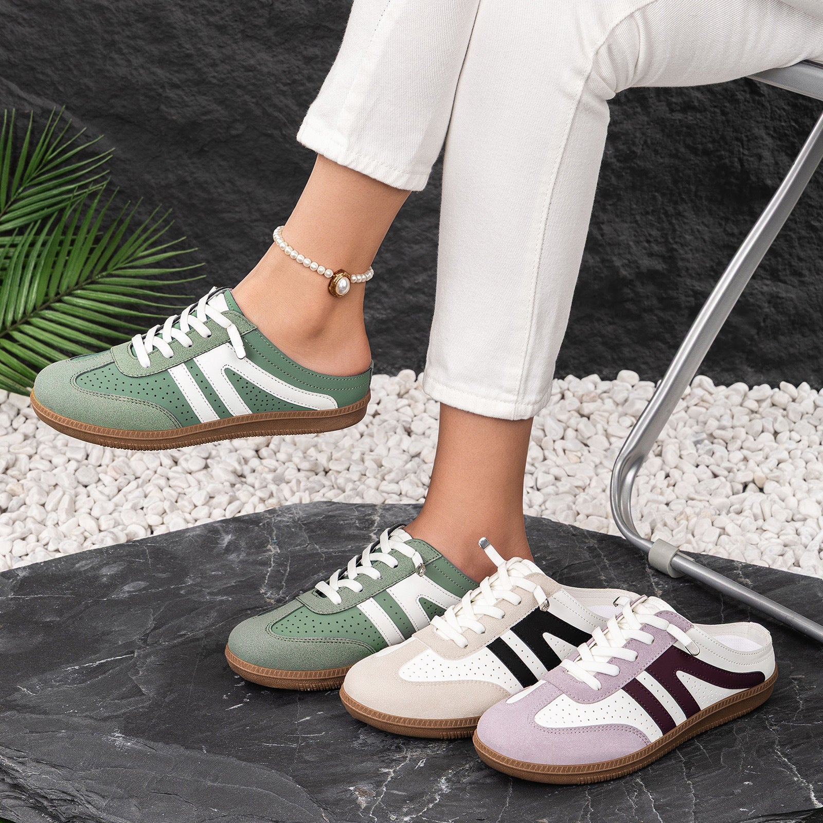 Women's Slip-On Half Slipper Sneakers | Color-Block Striped Casual Shoes in 3 Colors | EU 36–43