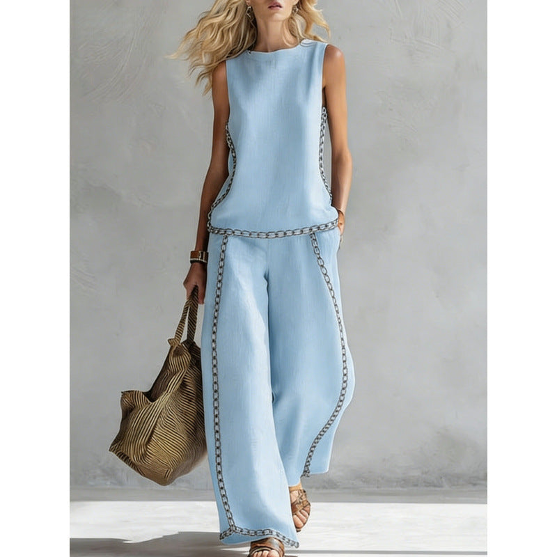 Printed Retro Sleeveless Top & Wide-Leg Pants Set | 12 Prints S–5XL