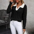 🧶 Women’s Lapel V-Neck Color-Block Long-Sleeve Pullover Sweater