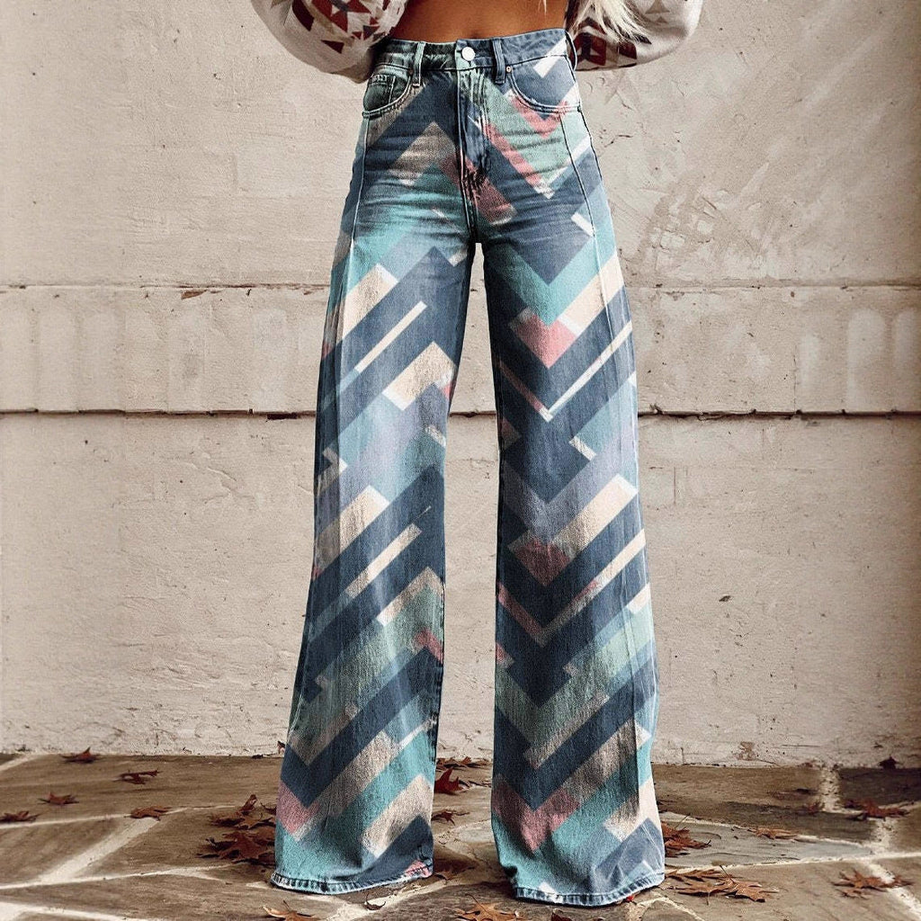 Women's Printed Flare Pants – Mid-Waist Full Length Plus Size