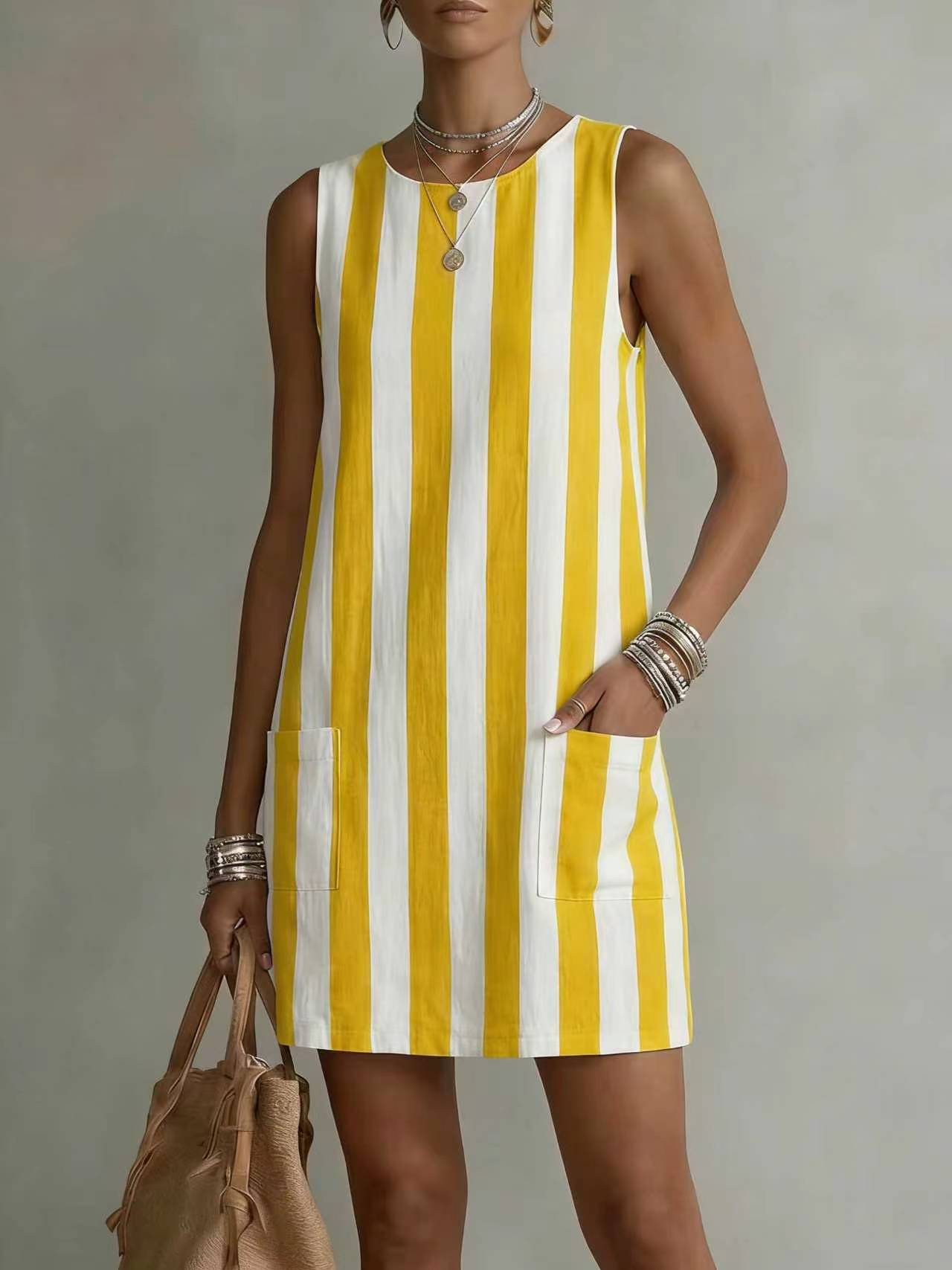Women's Striped Color-Block Sleeveless Mini Dress – Loose Fit