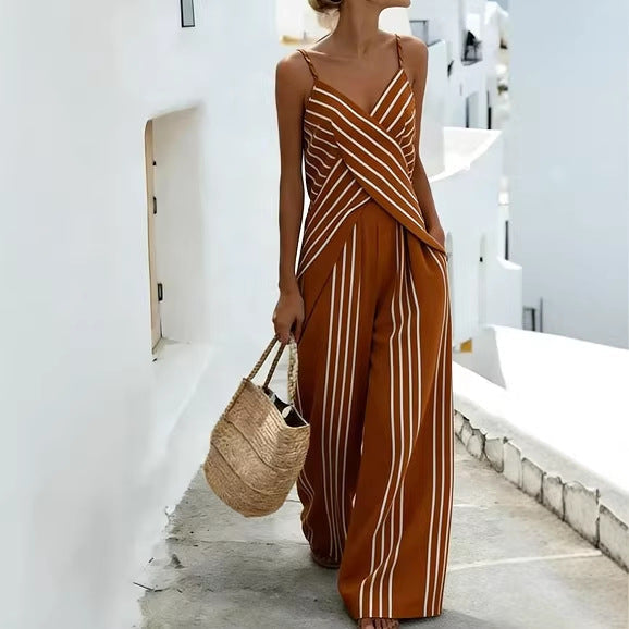 Women's Striped V-Neck Sleeveless Two-Piece Set