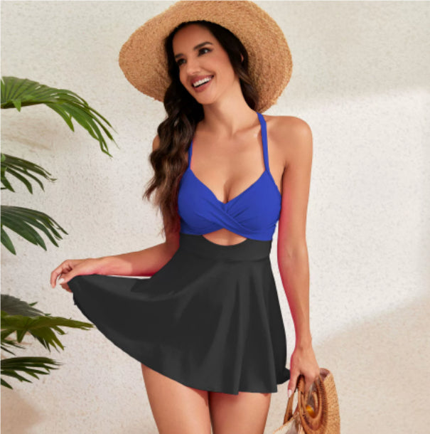 Women's Cutout Sling One-Piece Swimsuit – Built-In Chest Pad & Skirt Hem