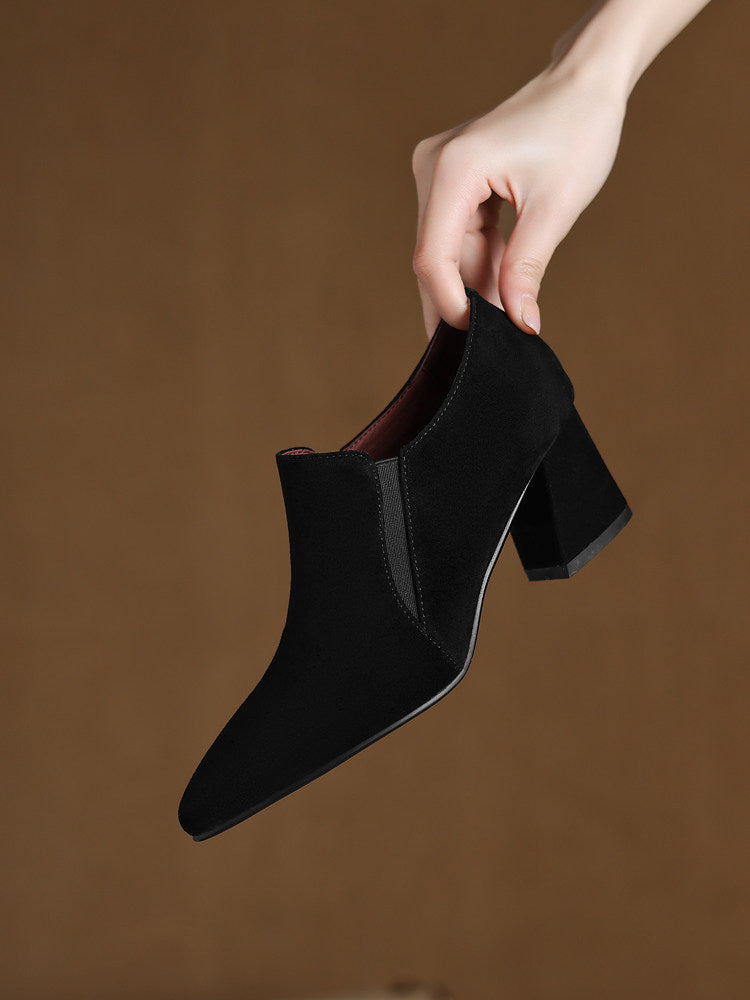 Women's Suede Pointed Toe Chunky Heel Pumps – Deep Vamp Low Heel