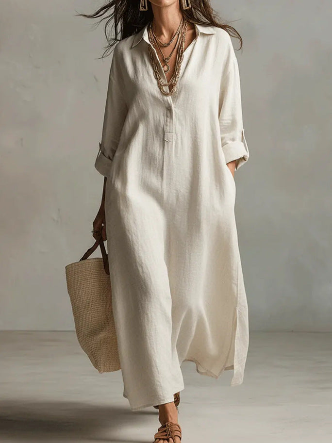 Women's Casual Long-Sleeve Linen Shirt Dress – Relaxed Fit