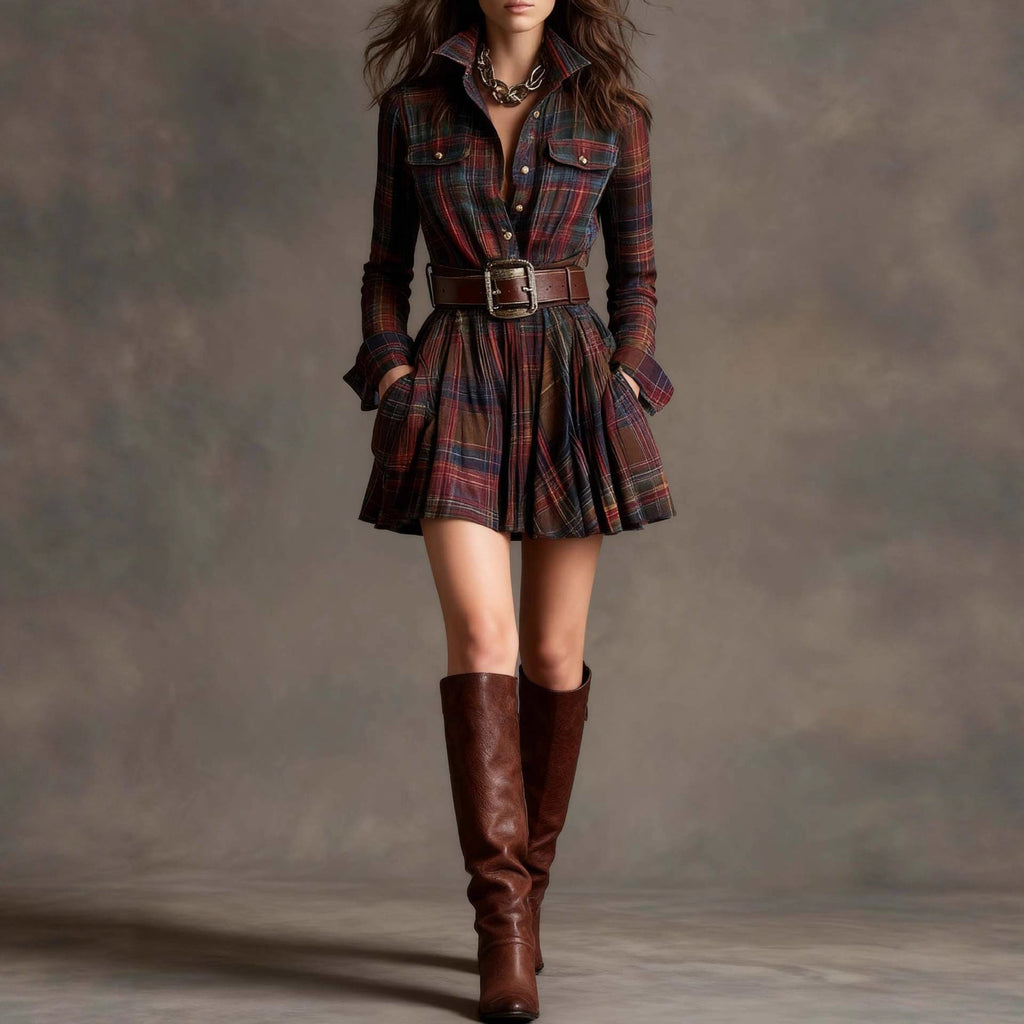 Women's Elegant Plaid Long Sleeve Mini Dress | Belted