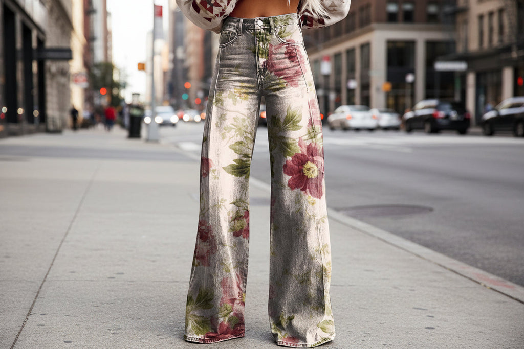 Women's Printed Flare Pants – Mid-Waist Full Length Plus Size