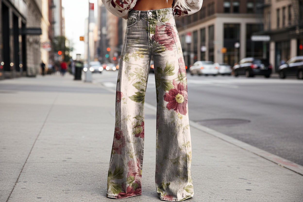 Women's Printed Flare Pants – Mid-Waist Full Length Plus Size