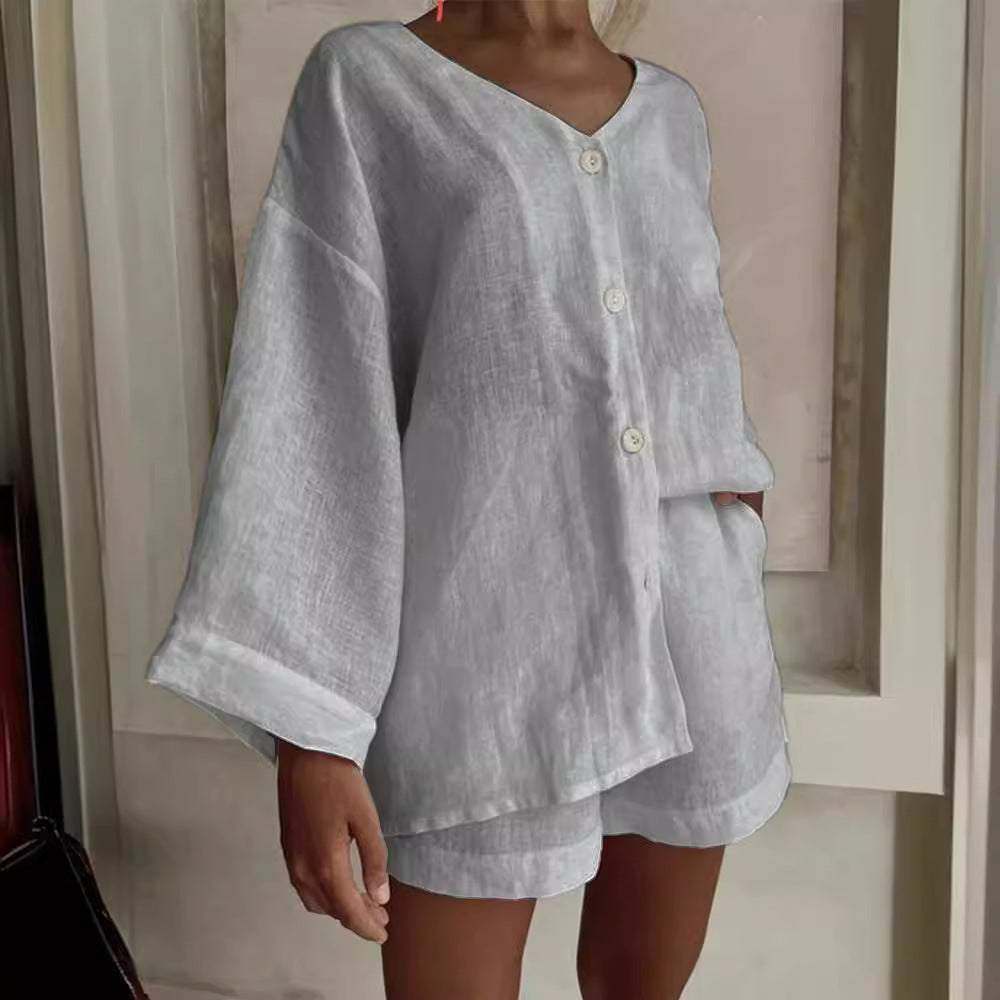 Women's Cotton Linen Shirt & Shorts Set – Long Sleeve, Button, Casual 2-Piece