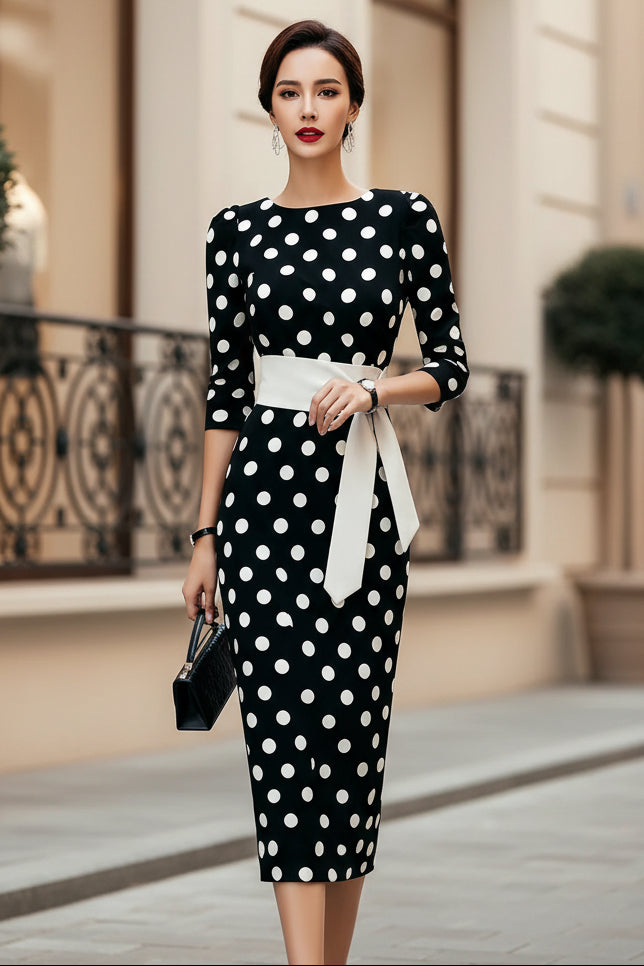 Women's Retro Polka-Dot Bodycon Midi Dress – Belted Cross-Tie