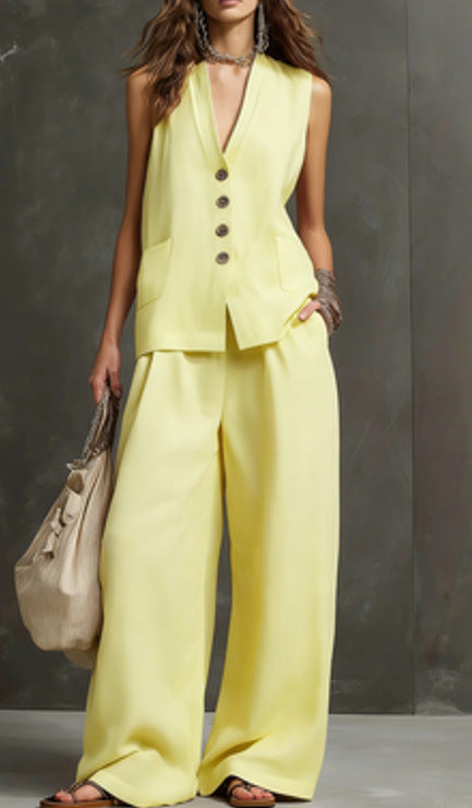 Women's Linen Sleeveless Vest & Wide-Leg Pants Two-Piece Set