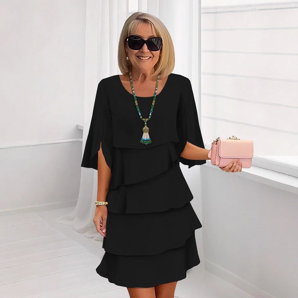 Patchwork Cake Midi Dress – Round Neck Short Sleeve Tiered Skirt