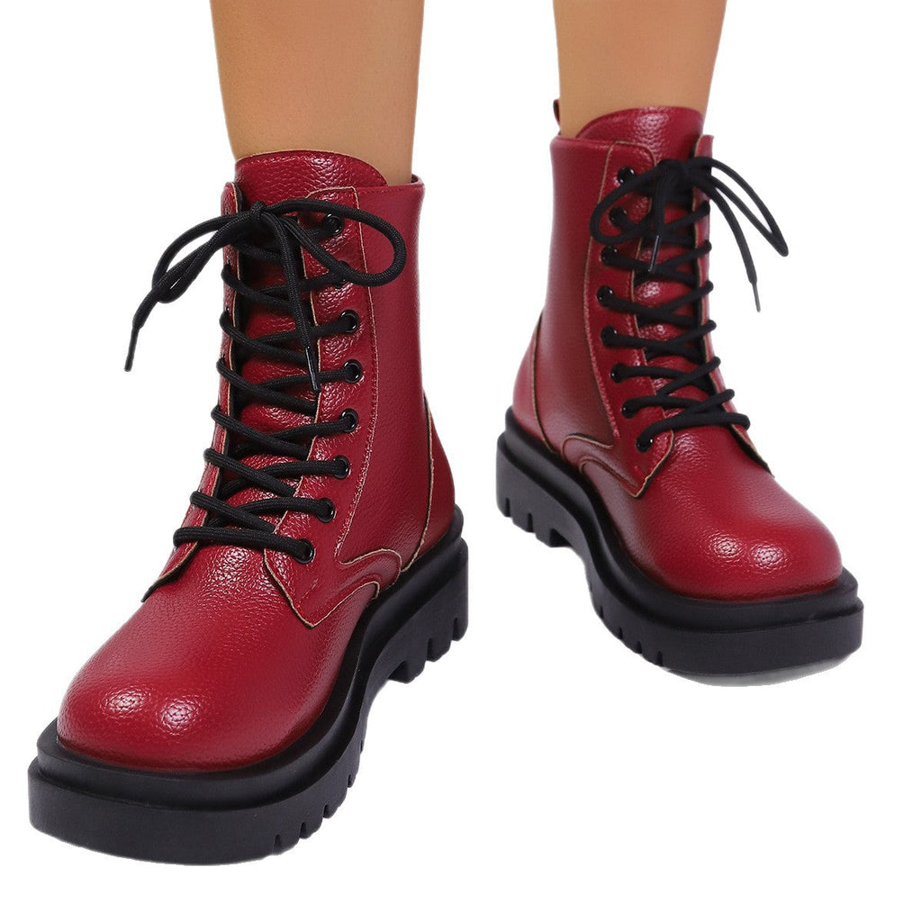 Women’s Round Toe Plus Size Lace-Up Chunky Sole Ankle Boots