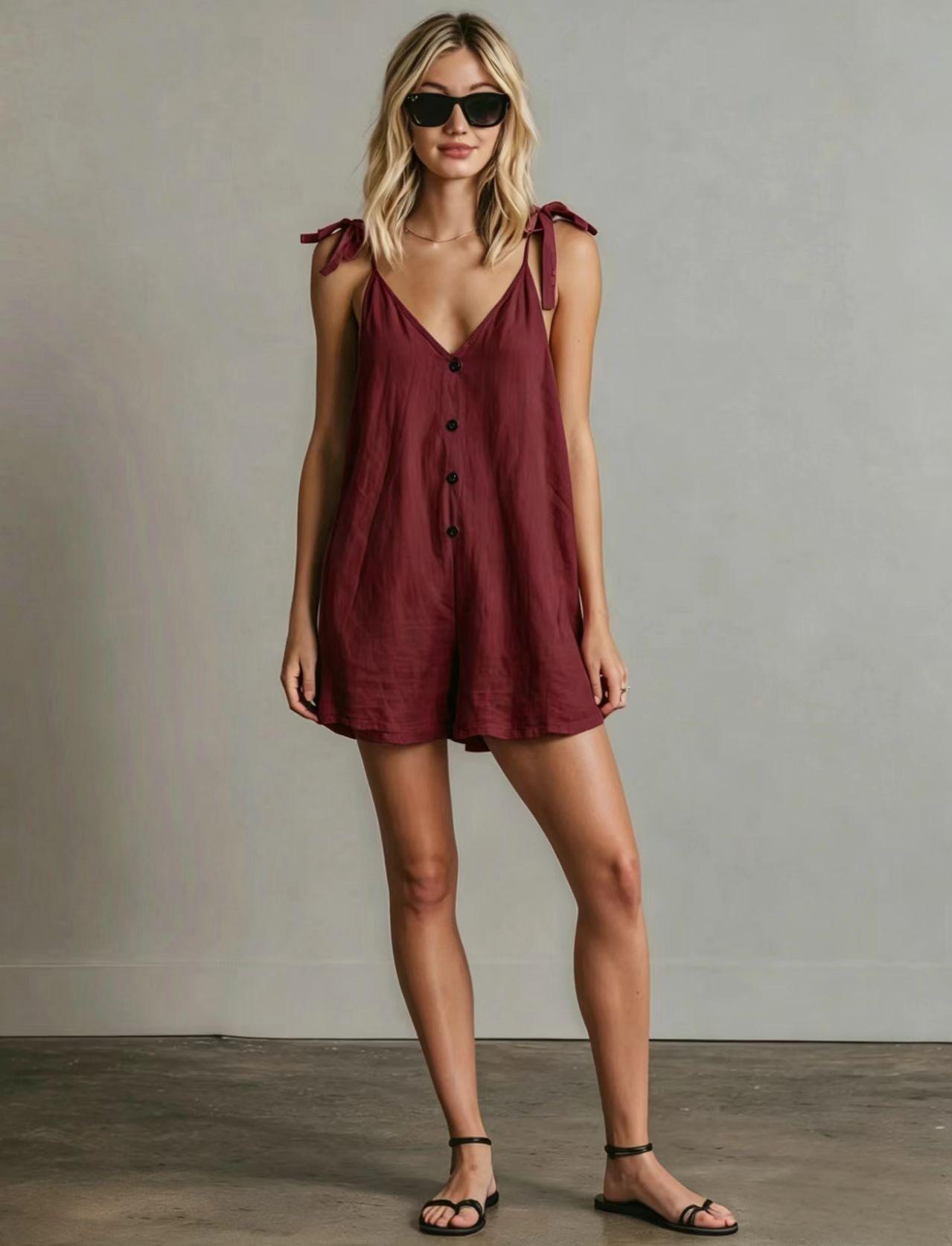 Women's V-Neck Sleeveless Jumpsuit – Cardigan Strap Cropped Straight-Leg