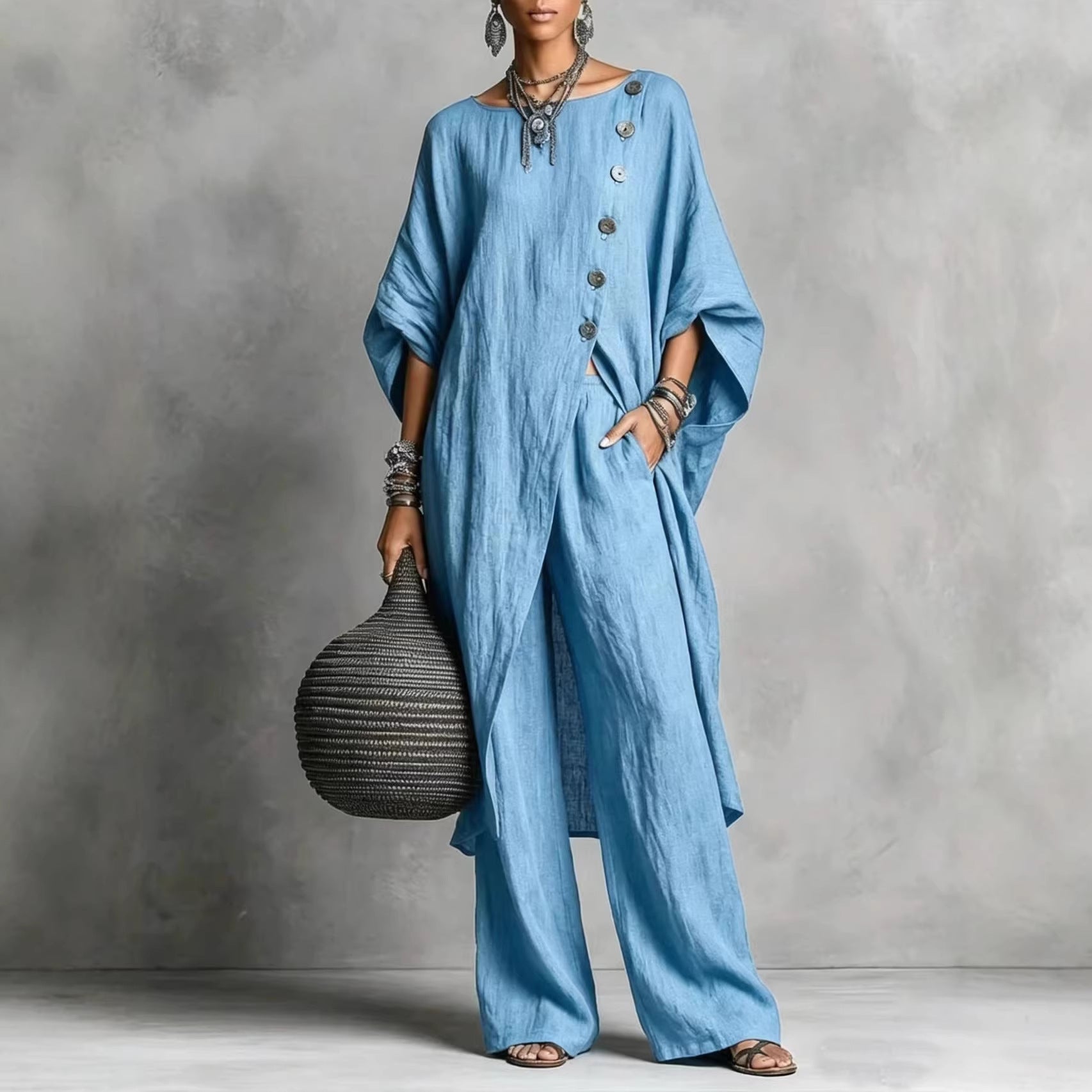 Women's Drop Shoulder Three-Quarter Sleeve Irregular Shirt & Pants Set
