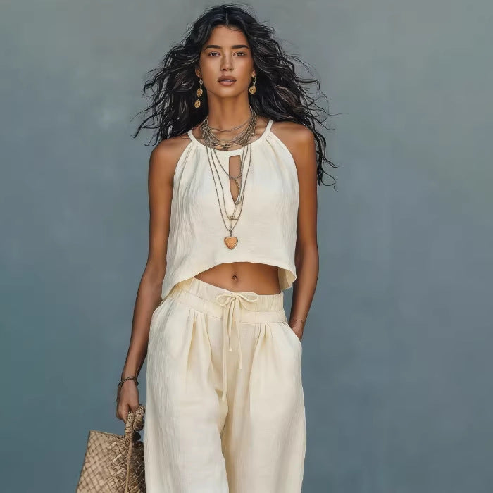 Women's Sleeveless Tank Top & Wide-Leg Pants Set – Linen Blend Summer Two-Piece