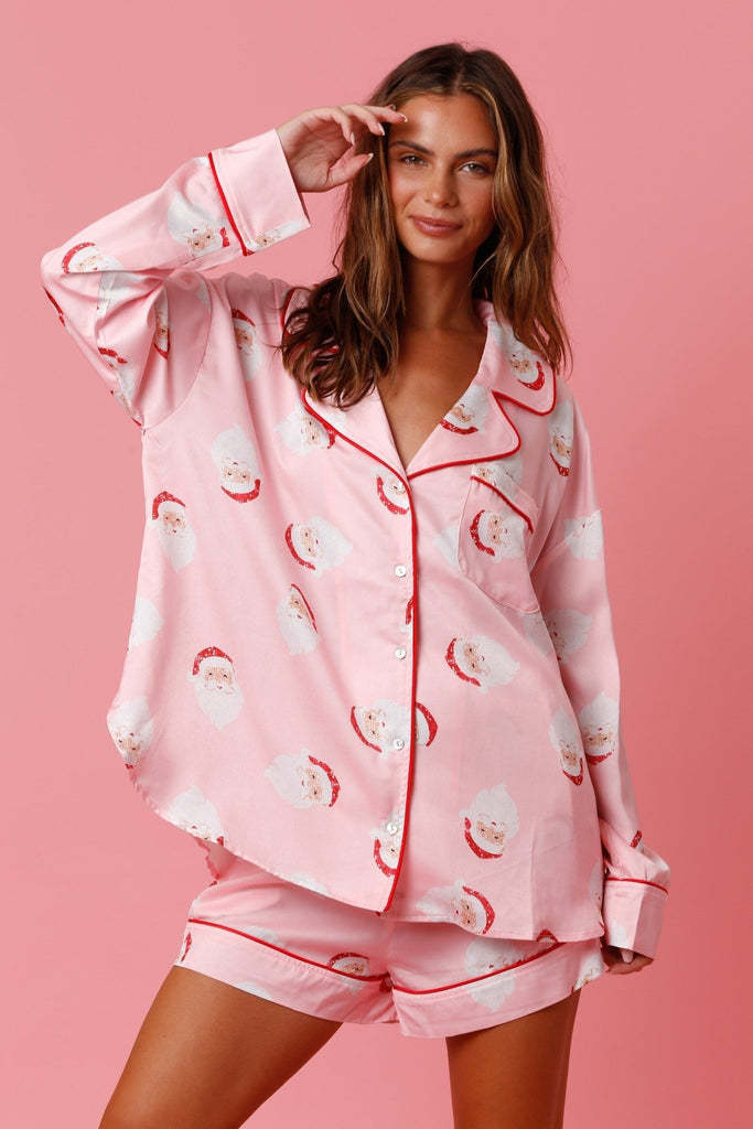 Women’s Satin Santa Claus Pajama Set | Christmas Print Two-Piece Loungewear