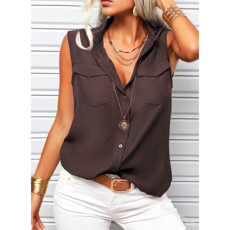 Women's Lapel Collar Sleeveless Top – Loose Fit, Pockets, Solid Color