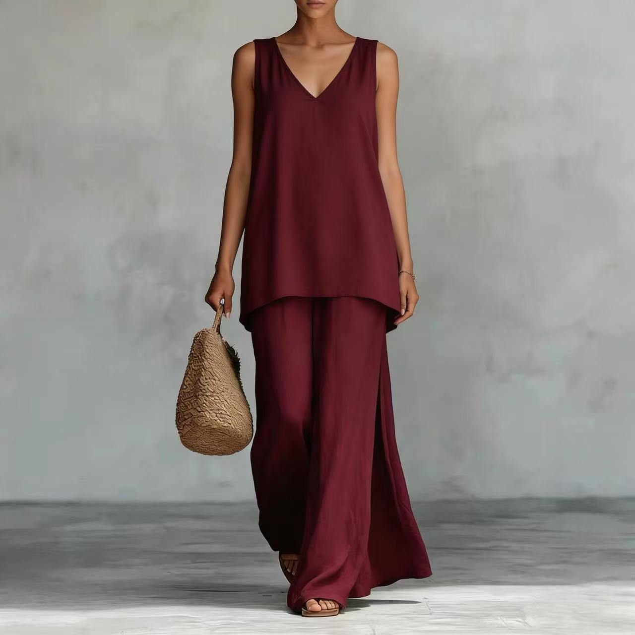 Women's Bohemian Wide-Leg Pants & V-Neck Vest Set – 3D Print