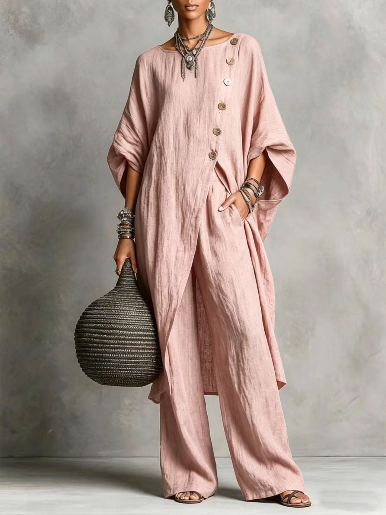 Women's Drop Shoulder Three-Quarter Sleeve Irregular Shirt & Pants Set