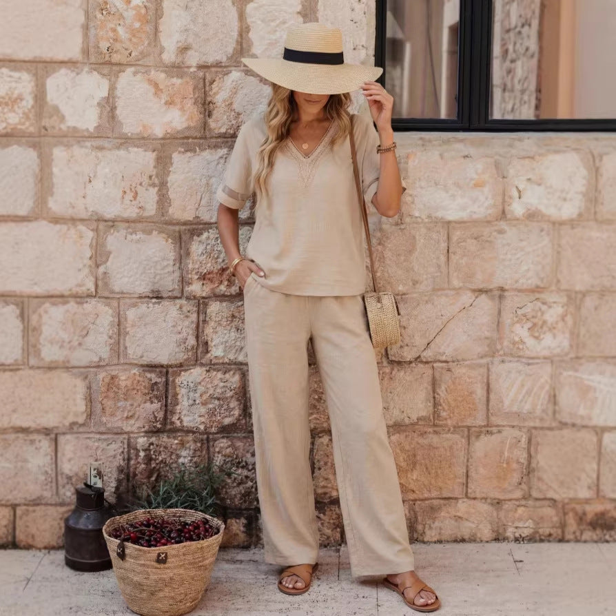 Women's Embroidered V-Neck Top & Wide-Leg Pants Set – 5 Colors S–XXL