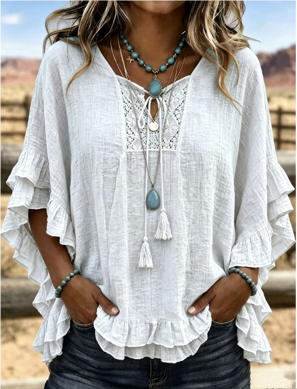 Women's Boho V-Neck Lace-Up Ruffle Sleeve Blouse – Lace Trim
