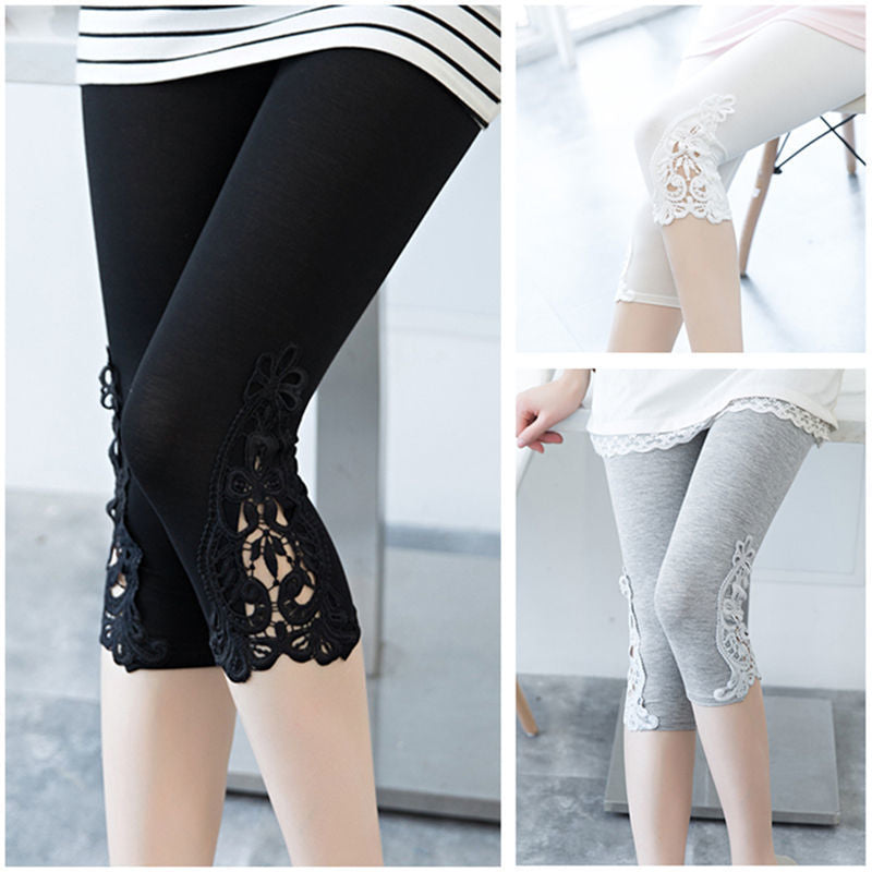 Women’s Lace Trim Stretch Leggings – Fashion Bottoming Pants