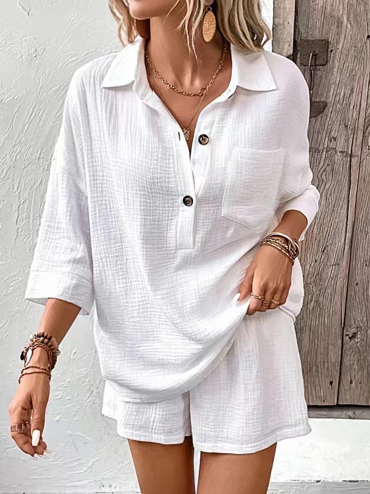 Women's Lapel Collar Double-Panel Shirt & Shorts Two-Piece Set