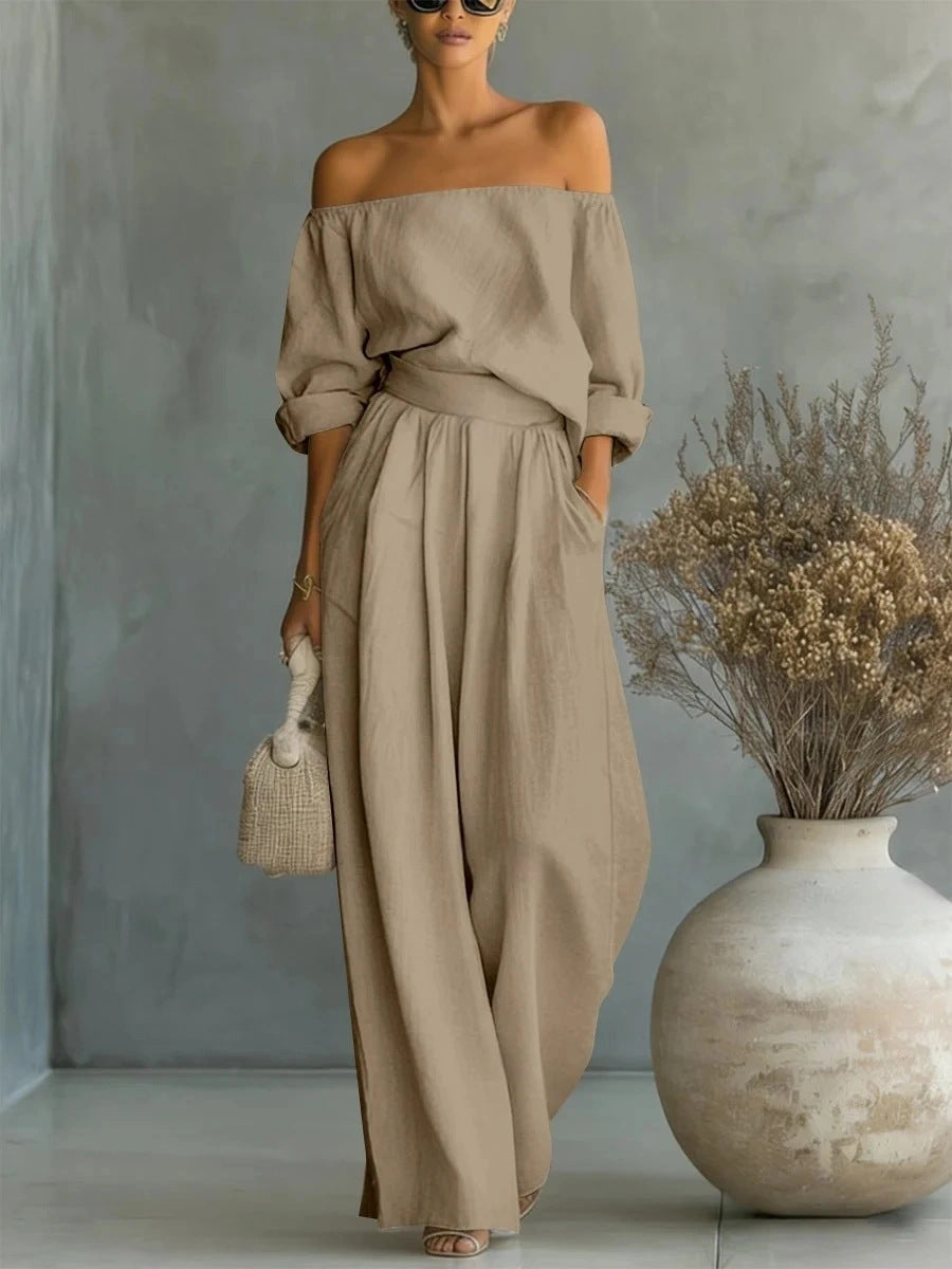 Women's Off-Shoulder Long-Sleeve Top & Wide-Leg Pants Two-Piece Set